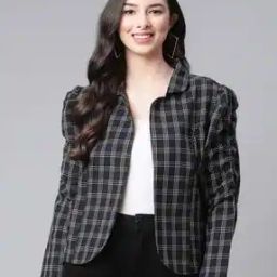 Checked Front-Open Jacket with Puff Sleeves-0
