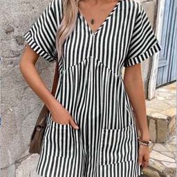 Women Striped Playsuit with Patch Pockets-32