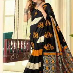 Floral Print Saree with Contrast Border-picture-0