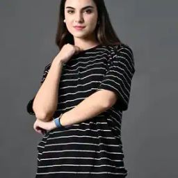 Women Cotton Relaxed Fit Stripes T-shirt-image-9