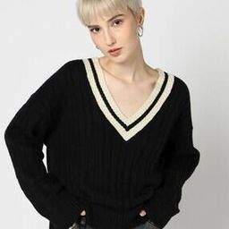 Varisity Cable-Knit Sweater with Contrast Neckline-image-83