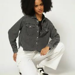 Long Sleeved Cropped Denim Button-Down Shirt-image-40