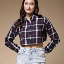 freehand Women Tartan Checked Loose Fit Crop Shirt-picture-6