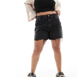 Women Denim Dad Shorts with Frayed Hem-image-41