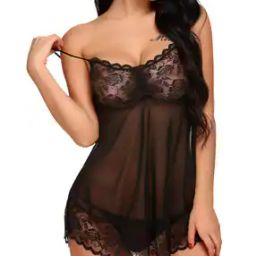 Women Lace Babydoll & Pantie Set with Adjustable Strap-image-7