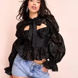 Women Puff-Sleeve Fitted Lace Top with Box Accent-picture-15