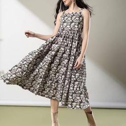 Handblock Bagru Print Adjustable Strap Cotton Tiered Dress-image-40