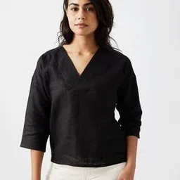 creatures of habit Women Linen V-Neck Top-picture-18