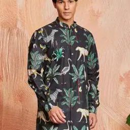 Men Printed Regular Fit Long Kurta with Mandarin Collar -image-101
