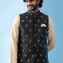 Men Leaf Woven Regular Fit Nehru Jacket-image-64