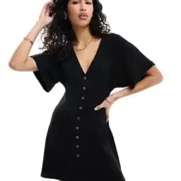 Button-Front A-Line Mini Tea Dress with Roll Sleeves-image-64
