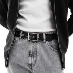 Faux Leather Belt with Stitching Detail & Rectangle Silver Buckle-2