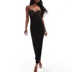 Bronze Diamante Trim Cup Detail Midi Dress-image-39
