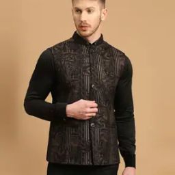 Printed Nehru Jacket with Welt Pockets-17