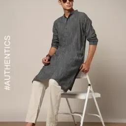 South Cotton Woven Stripe Long Kurta with Side Pocket-image-2