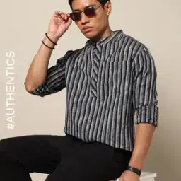 Striped Woven South Cotton Short Kurta with Roll-Up Sleeves & Side Pocket-image-37