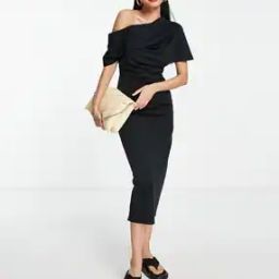 Pleated Shoulder Pencil Midi Dress-image-41