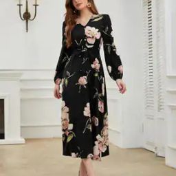 Women Floral Print A-Line Dress with Cuff Sleeves-image-103