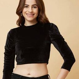 Crew Neck Fitted Velvet Party Crop Top-image-93