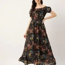 Printed Off-Shoulder Fit & Flare Dress-image-5