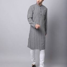 Checked Long Kurta with Band Collar-image-31