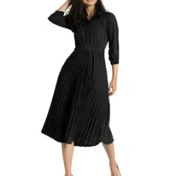 Women Pleated Shirt Dress with Belt-image-52