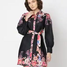 Women Floral Print Shirt Dress with Waist Tie-Up Belt-image-68
