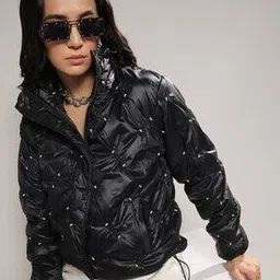 Women Regular Fir Zip-Front Embellished Jacket-image-3