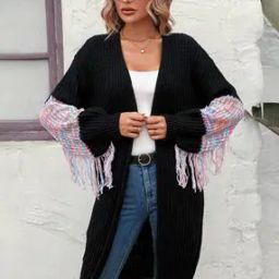 Women Ribbed Relaxed Fit Front-Open Shrug with Fringes-3