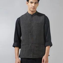 Woven Nehru Jacket with Welt Pockets-16