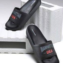 Men Typographic Print Round-Toe Slides-0