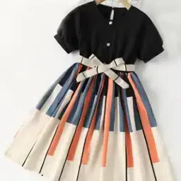 Girls Colourblock A-Line Dress with Belt-image-88