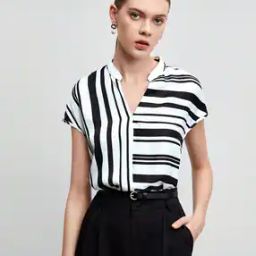 Women Striped Relaxed Fit Top with Short Sleeves-picture-32