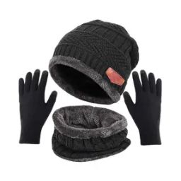 Women Cable-Knit Winter Beanie Cap with Gloves & Mask-picture-53