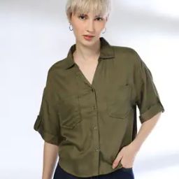 Women Relaxed Fit Shirt with Patch Pockets-image-3