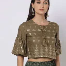 Floral Foil Print Crop Top with Tie-Up Neckline-picture-35