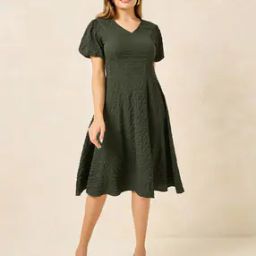 Women V-Neck A-Line Midi Dress with Puff Sleeves-image-52