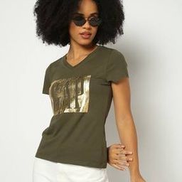Embedded Logo Print V-Neck T-Shirt-91