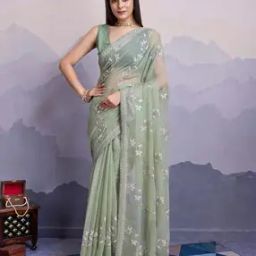 Women Net Floral Saree-image-0