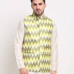 Ikat Print Nehru Jacket with Welt Pockets-49