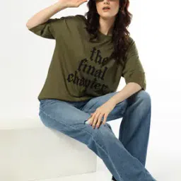 Women Typographic Print Relaxed Fit Round-Neck T-Shirt-image-20