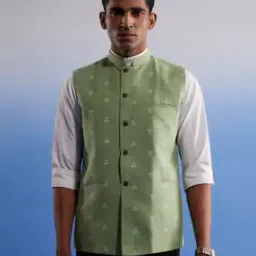 Men Floral Woven Slim Fit Nehru Jacket-image-1