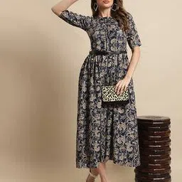 tromko Women Floral Print Gown Dress with Belt-picture-9