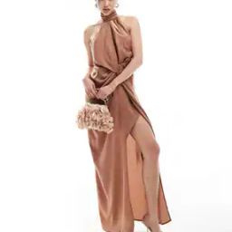 Halter-Neck Satin Maxi Dress with Twist Front-image-5