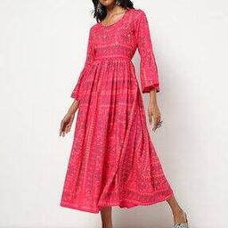 Printed A-line Dress with Embroidery-image-83