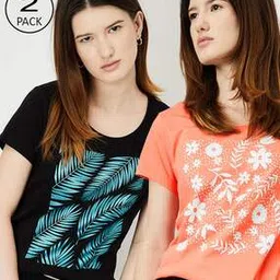 Pack of 2 Women Leaf Print Regular Fit Round-Neck T-Shirts-image-41