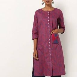 Printed Straight Kurta with Embroidered Patch Pocket-image-70