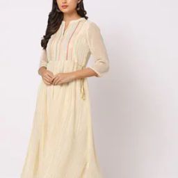 Striped A-Line Dress with Embroidered Yoke-image-92