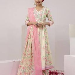 Floral Print Flared Kurta with Pants & Dupatta-picture-0