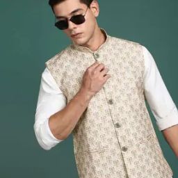Men Floral Print Slim Fit Nehru Jacket-50